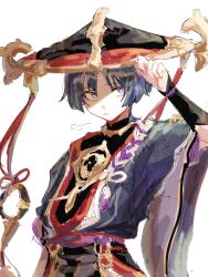  1boy arm_at_side armor black_hat black_kimono black_sleeves blunt_ends bright_pupils commentary_request csye003 eyelashes eyeliner furisode genshin_impact gold hand_up hat hat_tip highres japanese_armor japanese_clothes jewelry jingasa juban kimono kote kurokote kusazuri layered_sleeves looking_to_the_side makeup male_focus mandarin_collar mitsudomoe_(shape) neck_ring o-ring open_clothes open_kimono parted_lips partially_shaded_face puff_of_air purple_rope purple_sash purple_sleeves red_eyeliner red_hat red_kimono red_sash rope sash scaramouche_(genshin_impact) scaramouche_(harbinger)_(genshin_impact) shimenawa sketch solo tassel tomoe_(symbol) tsurime two-tone_hat upper_body violet_eyes white_background white_kimono white_mouth white_pupils white_rope wispy_bangs wolf_cut 