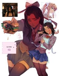 blue_skirt brown_hair doki_doki_literature_club glitch medium_hair monika_(doki_doki_literature_club) multiple_views nikki_(obsession) obsession_(movie) short_skirt solo_focus thigh-highs yandere