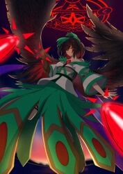  1girl absurdres alternate_costume bare_shoulders bird_wings black_boots black_feathers black_hair boots bow breasts chest_eye closed_mouth clothing_cutout commentary_request elbow_cutout energy_beam feathers from_below full_body gauntlets green_bow green_skirt hair_bow highres long_sleeves magic medium_breasts medium_hair mitomito1226 red_eyes reiuji_utsuho sigil skirt solo third_eye touhou tunic under_boob underboob_cutout white_tunic wide_sleeves wings 