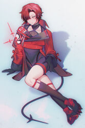  1boy bishounen black_bodysuit black_gloves black_shoes black_shorts black_socks blush bodysuit closed_mouth collarbone commentary crossed_legs csv1106 english_commentary full_body gloves hair_over_one_eye highres holostars holostars_english legwear_garter looking_at_viewer machina_x_flayon male_focus mecha_pilot_suit paw_shoes red_eyes red_hair shadow shoes short_hair shorts simple_background sitting skin_tight socks solo tail thighs white_background 
