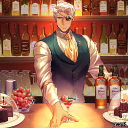  1boy alcohol ascot bartender black_vest bottle cake cocktail_glass cocktail_shaker copyright_name cup dairoku_ryouhei dark-skinned_male dark_skin dordenza_galareigus drinking_glass eyepatch food fruit glint indoors looking_at_viewer male_focus pin shirt strawberry very_amai vest white_hair white_shirt wine_bottle yellow_ascot 