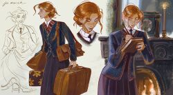  1girl bag blazer book brown_hair candle clock closed_mouth collared_shirt facing_to_the_side fireplace hair_bun handbag highres holding holding_book holding_own_skirt holding_pen jacket jenishiiarts josephine_march little_women long_skirt mirror multiple_views necktie pen shirt single_hair_bun sketch skirt standing suitcase updo writing 