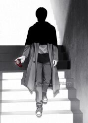  1010_mumumu 1boy coat commentary face_in_shadow film_grain full_body hazard_trigger highres holding kamen_rider kamen_rider_build_(series) kiryuu_sento male_focus pants shadowed_torso_walking_down_stairs_(trend) shoes sneakers solo spot_color stairs tokusatsu untranslatable_commentary 