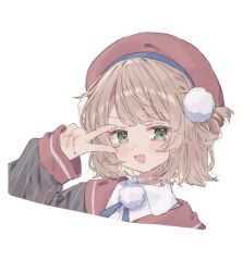  1girl :d blush brown_hair collared_shirt green_eyes hair_ornament hand_up hat indie_virtual_youtuber looking_at_viewer medium_hair neck_ribbon pinstripe_jacket pinstripe_pattern pom_pom_(clothes) pom_pom_hair_ornament red_hat ribbon roku_6 shigure_ui_(vtuber) shirt simple_background sleeves_past_wrists smile solo twitter_username v white_background 