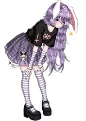  1girl alternate_costume animal_ears black_choker black_nails black_shoes choker clothes_writing commentary contemporary cross cross_print frilled_skirt frills full_body glitched_satellite highres leaning_forward long_hair looking_at_viewer mary_janes multicolored_thighhighs plaid_clothes plaid_skirt print_shirt purple_hair purple_skirt purple_thighhighs rabbit_ears rabbit_girl red_eyes reisen_udongein_inaba shirt shoes short_sleeves simple_background skirt solo thigh-highs touhou two-tone_thighhighs very_long_hair white_background white_thighhighs 