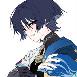  1boy armor bishounen black_bodysuit blue_cape blue_sleeves blunt_ends blush bodysuit bridal_gauntlets bright_pupils cape colored_inner_hair embarrassed eyelashes eyeliner genshin_impact gold gold_ring grey_bridal_gauntlets grey_hair hand_on_own_arm highres ichi_(010_ichi) japanese_armor japanese_clothes kimono kote kurokote layered_sleeves looking_at_viewer makeup male_focus mandarin_collar middle_ring multicolored_hair open_clothes open_kimono parted_lips portrait purple_rope red_eyeliner rope scaramouche_(genshin_impact) short_sleeves side_cape solo sweatdrop violet_eyes wanderer_(genshin_impact) white_background white_kimono white_mouth white_pupils white_sleeves wispy_bangs wolf_cut 