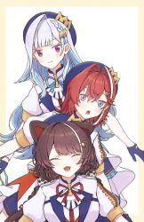  33_dadango 3girls :d ^_^ ange_katrina animal_ears beret blue_eyes blue_hair blue_hat blue_ribbon blush border braid closed_eyes closed_mouth colored_inner_hair commentary contrast_lapels crossed_bangs crown_hat_ornament dog_ears dog_girl dog_hair_ornament facing_viewer fangs flower gradient_eyes hair_behind_ear hair_between_eyes hair_flower hair_intakes hair_ornament hairclip hat highres inui_toko jacket lapels lize_helesta long_hair looking_at_viewer low_twin_braids medium_hair multicolored_eyes multicolored_hair multiple_girls neck_ribbon nijisanji one_ear_down open_mouth outside_border puffy_short_sleeves puffy_sleeves red_hair red_ribbon ribbon sanbaka_(nijisanji) sanbaka_anniversary_outfit short_sleeves simple_background single_hair_intake smile split_mouth streaked_hair triangle_hair_ornament twin_braids twitter_username two-tone_hair untranslatable_commentary violet_eyes virtual_youtuber white_background white_hair white_jacket yellow_border 