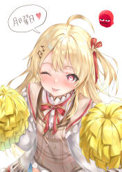  1girl absurdres ahoge blonde_hair blush brown_dress commentary_request dress face_red_droopy_eyes_emote_(youtube) frills hair_ornament hair_ribbon heart highres hololive hololive_dev_is jacket long_hair looking_at_viewer midori_setsuna0427 musical_note musical_note_hair_ornament one_side_up otonose_kanade otonose_kanade_(1st_costume) piano_print plaid_clothes plaid_dress pom_pom_(cheerleading) red_eyes red_ribbon ribbon shirt simple_background spoken_heart translation_request virtual_youtuber white_jacket 