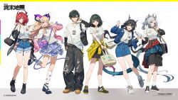  1boy 5girls animal_ears arcane_(arknights) arknights arknights:_endfield bag belt bird_ears bird_girl black_bag black_hair black_jacket black_shoes black_skirt blonde_hair blue_jacket blue_shorts blue_skirt bottle casual chen_qianyu_(arknights) closed_mouth commentary_request curled_horns cutoffs demon_girl demon_horns demon_tail denim denim_jacket denim_shorts denim_skirt dragon_girl dragon_horns dragon_tail endministrator_(arknights) exposed_pocket facial_mark female_endministrator_(arknights) finger_heart forehead_mark full_body gradient_hair grey_bag grey_eyes grey_skirt hair_intakes highres holding holding_bottle horns jacket jewelry laevatain_(arknights) layered_skirt liino_(arknights) long_hair looking_at_viewer male_endministrator_(arknights) midriff multicolored_hair multiple_girls necklace nishiki_kazue official_art open_clothes open_jacket open_mouth parted_bangs pink_jacket plaid_clothes plaid_skirt pointy_ears purple_bag red_hair red_skirt shirt shoes short_hair shorts shorts_rolled_up shoulder_bag simple_background skirt socks star-shaped_pupils star_(symbol) surtr_(arknights) symbol-shaped_pupils tail tied_shirt uniqlo very_long_hair violet_eyes white_shirt white_shoes white_socks yellow_shirt 