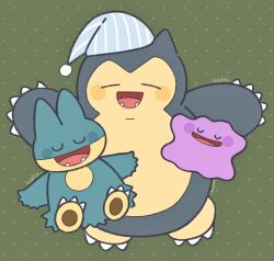  blob blue_fur claws closed_eyes ditto fangs green_background hat highres munchlax no_humans open_mouth pokemon pokemon_(creature) pokemon_focus simple_background snorlax waltz_(wal_w_wal) 