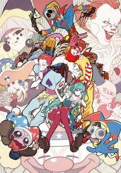  2girls 6+boys afro annotated aqua_hair balloon beard_stubble bell black_eyes black_hat blue_eyes blue_gloves blue_hair blue_hat blue_jacket blue_pants blue_shirt bow bowtie brown_hair brown_shoes buggy_the_clown cable claws clown clown_mask clown_nose colored_skin commentary conical_hat creature crossed_legs crossover dress earrings evil_grin evil_smile facepaint facial_hair facial_mark fangs gloves grin hair_bow hat hatsune_miku hatsune_miku_(regret) head_rest highres hisoka_morow holding holding_balloon holding_mask hollow_eyes houshin_engi hunter_x_hunter it_(stephen_king) jacket jester_cap jewelry jingle_bell juggler_(mascot) juggler_(slot_machine) karakuri_pierrot_(vocaloid) kirby_(series) leaning_to_the_side licking_lips lipstick looking_at_viewer makeup marx_(kirby) mask mcdonald's mr._mime multicolored_eyes multiple_boys multiple_girls ohyou_wake one_piece open_mouth orange_hair orange_hat pants pantyhose pennywise pirate_hat pokemon_(creature) pomni_(the_amazing_digital_circus) poppy_playtime project_diva_(series) prototype_(poppy_playtime) red_bow red_bowtie red_eyes red_hair red_hat red_lips red_pantyhose red_shirt ronald_mcdonald shinkouhyou shirt shoes short_hair sitting skull_and_crossbones smile smirk spade_(shape) striped_clothes striped_shirt stubble the_amazing_digital_circus tongue tongue_out twintails two-tone_eyes two-tone_hat untranslatable_commentary vest white_gloves white_hair white_skin yellow_eyes yellow_vest 