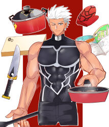  1boy 8ya87 archer_(fate) armor breastplate chef commentary_request cooking cutting_board dark-skinned_male dark_skin fate/stay_night fate_(series) food fried_rice grilling hair_slicked_back kanshou_&amp;_bakuya_(fate) male_focus muscular muscular_male smile solo spatula sword weapon white_hair 