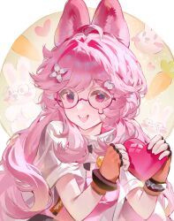  1girl absurdres ahoge animal_ear_fluff animal_ears arknights capelet carrot chibuchine chinese_commentary commentary_request fingerless_gloves flower_hairclip gloves hairband heart highres holding holding_heart long_hair looking_at_viewer open_mouth orange_gloves pink-framed_eyewear pink_eyes pink_hair rabbit_ears rabbit_girl round_eyewear skirt smile solo thumpy_(arknights) turning_head twintails upper_body white_capelet 