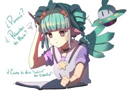  1girl aqua_hair book braid choker green_pupils highres indie_virtual_youtuber multicolored_hair pencil piapi_ufo piapi_ufo_(1.0) purple_streaks reading shirt slime_on_head star-shaped_pupils star_(symbol) star_choker streaked_hair symbol-shaped_pupils twin_braids ufo violet_eyes virtual_youtuber white_background white_shirt wings 