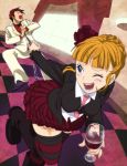  beatrice blonde_hair blue_eyes chains glass happy necktie pulling running skirt smile suit tears thigh-highs umineko_no_naku_koro_ni ushiromiya_battler wine wink 