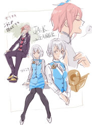  1girl 2boys black_jacket black_pants black_pantyhose blue_skirt blue_vest closed_eyes commentary_request eighth_note gakuran hara_hikaru jack_jeanne jacket multiple_boys musical_note open_clothes open_jacket orimaki_suzu pants pantyhose profile red_hair red_shirt school_uniform shirota_mitsuki shirt shoes short_hair singing sitting skirt striped_clothes striped_shirt tachibana_kisa translation_request vest white_hair white_shirt yellow_shoes 