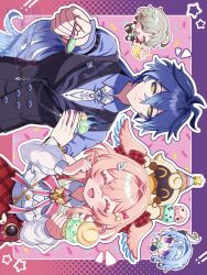  ! !! 2boys 2girls :d ^_^ aedon_(genshin_impact) antenna_hair artist_name bag belt belt_buckle bird black_belt black_vest blue_hair blue_shirt blue_wings blush border bow bowtie brooch brown_coat buckle buttons chain chibi chibi_inset clenched_hand closed_eyes closed_mouth coat collared_shirt colored_eyelashes commentary_request crossed_bangs cup disposable_cup disposable_ice_cream_cup double-breasted eyelashes flins_(baskin-robbins)_(genshin_impact) flins_(genshin_impact) food fur-trimmed_coat fur_trim genshin_impact gradient_hair grey_hair hair_between_eyes hair_bow hair_intakes hair_ornament hairband hairclip halftone hands_up head_wings heart-shaped_bag highres holding holding_food holding_ice_cream holding_ice_cream_cone holding_spoon ice_cream ice_cream_cone ice_cream_spoon illuga_(genshin_impact) jewelry lapels linnea_(baskin-robbins)_(genshin_impact) linnea_(genshin_impact) long_hair long_sleeves looking_at_viewer lumi_(genshin_impact) medium_hair multicolored_hair multiple_boys multiple_girls musical_note necktie notice_lines odette_(genshin_impact) official_alternate_costume open_clothes open_coat open_mouth outline outside_border outstretched_arm parted_bangs pink_background pink_border pink_bow pink_bowtie pink_hair pink_wings plaid_bow plaid_clothes plaid_skirt pointy_ears purple_border red_bag red_bow red_hair red_skirt see-through_clothes see-through_sleeves shirt shirt_tucked_in shoulder_bag sidelocks sideways skirt sleeves_rolled_up smile spoon sprinkles star_(symbol) streaked_hair swept_bangs twitter_username two-tone_hair two-tone_wings upper_body very_long_hair vest violet_eyes watermark white_hairband white_necktie white_outline white_shirt white_streaks white_ztt wing_collar wings wolf_cut yellow_bow yellow_eyes 