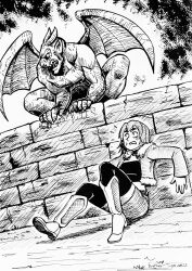  1girl 1other bat_wings belt black_shirt black_thighhighs boots breasts brick_wall brother-tico clenched_teeth commentary crack denim denim_skirt english_commentary full_body fur-trimmed_jacket fur_trim gargoyle grin hiding highres horns inktober jacket looking_at_another medium_hair miniskirt monochrome open_clothes open_jacket open_mouth original outdoors searching shirt skirt sky smile sweat sweatdrop teeth thigh-highs white_boots wings 