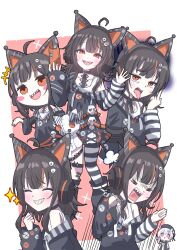  2girls :d ahoge animal_ear_headphones animal_ears arm_belt asymmetrical_legwear asymmetrical_sleeves bandaid bandaid_on_leg bare_shoulders bat_wings belt belt_collar black_choker black_hair black_nails black_socks black_sweater cat_ear_headphones cat_ears cellphone choker collar commentary_request cross-laced_clothes cross-laced_dress eyeball_hair_ornament fake_animal_ears furrowed_brow giorgio_(yo_sumire_sola1) headphones highres holding holding_phone leg_belt long_sleeves loose_socks mahou_shoujo_no_majo_saiban multicolored_hair multiple_girls multiple_views nail_polish off-shoulder_sweater off_shoulder open_mouth orange_eyes orange_nails orange_streaks pantyhose phone sawatari_coco sharp_teeth shirt short_hair single_bare_shoulder single_leg_pantyhose skirt skirt_under_dress skull sleeveless sleeveless_shirt smartphone smile socks sparkle streaked_hair striped_clothes striped_pantyhose striped_sleeves stuffed_animal stuffed_cat stuffed_toy sweater teeth white_shirt white_skirt wings 
