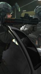  1boy 1other bulletproof_vest car closed_mouth combat_helmet cowboy_shot dark_skin from_side gloves goggles grey_jacket grey_pants gun headset helmet highres holding holding_weapon jacket lamppost maxturbo69 motor_vehicle night night_vision_device original pants shotgun solo tactical_clothes tactical_gloves weapon white_hair 