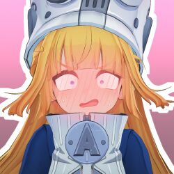  1girl 3d blonde_hair blue_jacket blush commentary_request embarrassed full-face_blush grey_hat hat jacket long_hair looking_at_viewer norma_hollowell open_mouth pink_background shako_cap solo sweat violet_eyes wide-eyed zenless_zone_zero zuizui29 