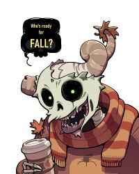  1boy adventure_time autumn autumn_leaves black_sclera colored_sclera commentary cup discount-supervillain english_commentary holding holding_cup horns leaf lich_(adventure_time) male_focus scarf skeleton skull solo speech_bubble sweater teeth undead upper_body 