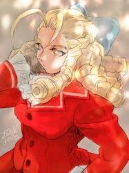  1girl adjusting_hair antenna_hair ascot black_gloves blonde_hair blue_bow bow breasts brown_eyes commentary_request forehead gloves hair_bow hair_pulled_back hand_on_own_hip kanzuki_karin long_hair long_sleeves medium_breasts misodiru ringlets school_uniform skirt solo street_fighter street_fighter_v upper_body yellow_eyes 