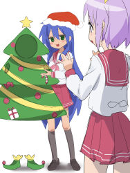  2girls :3 black_shoes black_socks blue_hair blush candy candy_cane christmas_ornaments christmas_tree_costume commentary double_horizontal_stripe food gift green_eyes gsa082rnw hairband hat highres hiiragi_tsukasa holding izumi_konata kneehighs long_hair lucky_star mole mole_under_eye multiple_girls neckerchief open_mouth pink_neckerchief pleated_skirt purple_hair red_sailor_collar ryouou_school_uniform sailor_collar santa_hat school_uniform serafuku shoes short_hair skirt smile socks star_(symbol) sweat sweatdrop very_long_hair violet_eyes white_background yellow_hairband 