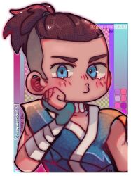  1boy artist_name avatar:_the_last_airbender avatar_legends bandaged_arm bandages blue_eyes blue_gloves blue_tunic border brown_hair chibi choker commentary dark-skinned_male dark_skin dated_commentary english_commentary fingerless_gloves gloves looking_at_viewer maewenmitzuki male_focus outside_border ponytail short_hair short_ponytail sleeveless sokka solo tunic undercut upper_body white_border white_choker 