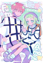  1boy 1girl backpack bag commentary green_hair harness_belt hat highres jacket kajiyama_fuuta mask mask_pull milgram momose_amane mouth_mask prison_clothes randoseru red_bag red_hair restraints shako_cap short_bangs star-shaped_pupils star_(symbol) symbol-shaped_pupils toktoksosso white_jacket 