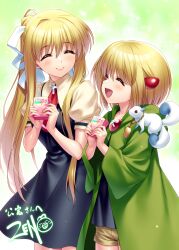  2girls :d ^_^ absurdres air_(visual_novel) animal_on_shoulder black_dress blonde_hair blush brown_shorts c: closed_eyes closed_mouth commentary_request commission company_connection cowboy_shot crossover dress drink_carton facing_another green_background green_robe hair_between_eyes hair_ornament hair_over_shoulder hair_ribbon hands_up happy hibiki_(hibiki_no_mahou) hibiki_no_mahou highres holding holding_drink_carton jewelry kamio_misuzu key_(company) lips long_hair long_sleeves medium_hair multiple_girls necktie open_mouth pendant pinafore_dress ponytail puffy_short_sleeves puffy_sleeves red_necktie ribbon robe school_uniform second-party_source shirt short_necktie short_shorts short_sleeves shorts sidelocks simple_background single_hair_intake skeb_commission sleeveless sleeveless_dress smile story_in_commentary straight_hair very_long_hair white_ribbon wide_sleeves yellow_shirt zen_(kamuro) 