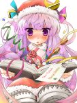  book christmas gift hat highres long_hair patchouli_knowledge purple_hair santa_costume shinki_(artist) solo touhou 