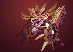  1girl absurdres amaterasumon bodysuit colored_skin commentary_request digimon digimon_(creature) full_body gauntlets highres red_background red_bodysuit red_eyes red_skin solo tai_(cheungsk1213) 