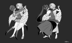  3girls :d aurelia_academy_school_uniform beliora_vike belle_(brilliance_of_stars)_(zenless_zone_zero) belle_(zenless_zone_zero) black_hat black_sweater closed_eyes commentary_request crossed_bangs dancing dress elbow_gloves feathered_wings gloves grey_scales hair_ornament hand_on_another's_back hat high_ponytail highres holding_hands looking_at_another medium_hair multiple_girls napio official_alternate_costume ponytail remielle_dan school_uniform shako_cap smile star_(symbol) star_hair_ornament strapless strapless_dress sweater white_wings wings zenless_zone_zero 