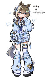  1girl animal_ears belt black_choker blue_eyes blue_jacket blue_socks blush brown_hair cheval_grand_(umamusume) choker commentary_request fish_hair_ornament full_body hair_between_eyes hair_ornament hairclip highres horse_ears horse_girl horse_tail jacket long_sleeves looking_at_viewer loose_socks multicolored_hair neckerchief oar sailor_collar shoes short_hair simple_background socks solo streaked_hair tail thigh-highs thigh_belt thigh_strap umamusume white_headdress white_sailor_collar white_thighhighs yokoyu 