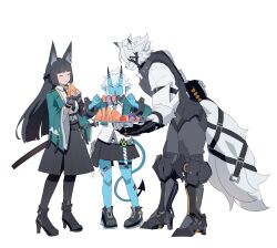  1boy 2girls absurdres animal_ear_fluff animal_ears aqua_jacket aragiken bicep_strap black_necktie black_shoes black_skirt blue_horns blue_oni blue_skin blue_tail blunt_bangs body_fur closed_eyes collared_shirt collared_vest colored_skin commentary fingerless_gloves food fox_ears fox_girl fruit full_body furry furry_male gauntlets gloves green_jacket grey_vest hair_between_horns high-waist_skirt high_heels highres holding holding_food holding_fruit horns hoshimi_miyabi jacket katana melon multicolored_horns multiple_girls muzzle_(mask) necktie oni open_clothes open_jacket prosthesis prosthetic_leg shirt shoes single_fingerless_glove single_gauntlet skirt smile soukaku_(zenless_zone_zero) sword tail tail_belt two-tone_horns vest von_lycaon weapon white_fur white_hair white_shirt wolf_boy wolf_ears wolf_tail zenless_zone_zero 