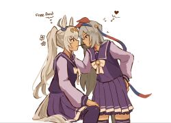  2girls ahoge animal_ears blue_eyes blue_hairband bow bowtie ear_covers ear_ornament flower food food_in_mouth grey_hair grey_tail hair_between_eyes hair_ornament hairband heart highres horse_ears horse_girl horse_tail imminent_pocky_kiss long_hair long_sleeves looking_at_another multicolored_hair multicolored_hairband multiple_girls nonnormalguy oguri_cap_(umamusume) pleated_skirt pocky pocky_in_mouth pocky_kiss ponytail purple_sailor_collar purple_serafuku purple_shirt purple_skirt purple_thighhighs sailor_collar sailor_shirt school_uniform serafuku shirt sitting skirt speech_bubble striped_clothes striped_hairband tail tamamo_cross_(umamusume) thigh-highs thought_bubble tracen_school_uniform two-tone_hairband umamusume white_bow white_bowtie 
