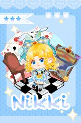 1girl :3 absurdres ace_(playing_card) ace_of_clubs alice's_adventures_in_wonderland animal_ears apron argyle_bow argyle_clothes argyle_socks asymmetrical_legwear black_shoes blonde_hair blue_apron blue_background blue_bow blue_eyes blue_socks blue_wrist_cuffs blunt_bangs bow buttons card chair chessboard chibi chinese_commentary closed_mouth club_(shape) collared_shirt commentary_request copyright_name diamond_(shape) dot_nose dress_shirt drill_hair eyelashes fake_animal_ears floppy_ears frilled_apron frilled_socks frilled_wrist_cuffs frills hair_bow hand_on_own_chest happy heart heart_print highres infinity_nikki kneehighs large_bow lolita_fashion looking_at_viewer mary_janes medium_hair mismatched_legwear nikki_(series) outline painting_(object) parted_bangs playing_card print_bow puffy_short_sleeves puffy_sleeves rabbit_ears rewound_daydream_(infinity_nikki) shirt shiyu25809 shoes short_sleeves skirt sleeve_bow smile socks solo spade_(shape) sparkle star_(symbol) sweet_lolita tareme waist_apron waist_bow white_outline white_shirt white_skirt white_socks wrist_cuffs