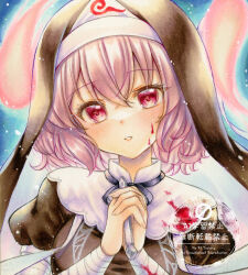  1girl alternate_costume black_dress blood blood_on_clothes blood_on_face blush commentary_request cross dress halloween_costume highres holding holding_cross interlocked_fingers looking_at_viewer medium_hair nekofish666 nun own_hands_together pink_eyes pink_hair saigyouji_yuyuko solo touhou traditional_media triangular_headpiece twitter_username watermark 