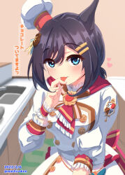  1girl absurdres animal_ears ascot black_hair blue_eyes blush breasts chef_hat commentary_request dress eishin_flash_(precise_chocolatier)_(umamusume) eishin_flash_(umamusume) frilled_cuffs hair_between_eyes hair_ornament hairclip hat heart highres horse_ears horse_girl kitchen long_sleeves looking_at_viewer mashiroken07 medium_breasts mini_chef_hat mini_hat official_alternate_costume red_ascot short_hair smile solo tilted_headwear tongue tongue_out umamusume white_dress 