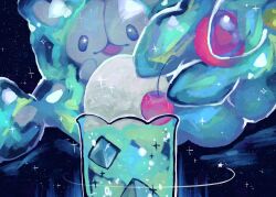  black_eyes cherry cocktail_glass commentary_request cup digi_tallop drinking_glass food fruit highres ice_cream no_humans one-hour_drawing_challenge open_mouth pokemon pokemon_(creature) pokemon_focus reuniclus solo sparkle 