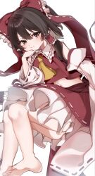  1girl ascot barefoot bow brown_eyes brown_hair closed_mouth commentary_request detached_sleeves frilled_bow frilled_hair_tubes frills hair_bow hair_tubes hakurei_reimu hayuk0 highres long_hair looking_at_viewer midriff navel red_bow red_skirt ribbon-trimmed_skirt ribbon-trimmed_sleeves ribbon_trim simple_background skirt skirt_set smile soles solo toes touhou white_background yellow_ascot 