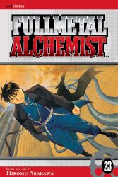  1boy amestris_military_uniform arakawa_hiromu baggy_pants black_boots black_coat black_eyes black_hair blue_jacket blue_pants boots brick brick_floor brick_wall closed_mouth coat company_name copyright_name cover cover_page creator_name english_text explosion fullmetal_alchemist gloves highres indoors industrial_pipe jacket looking_ahead male_focus manga_cover numbered official_art pants roy_mustang serious short_hair solo spiky_hair standing torn_clothes torn_coat white_background white_gloves 