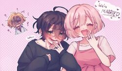  1girl 2boys :d ? adam's_apple ahoge black_hair black_shirt blonde_hair blue_eyes blush breasts collarbone crew_neck degrees_of_lewdity dot_nose double-parted_bangs dress english_text facing_viewer green_eyes hair_between_eyes hair_over_one_eye hand_up husband_and_wife jewelry kylar_(degrees_of_lewdity) kylar_(male)_(degrees_of_lewdity) large_breasts locked_arms long_hair_between_eyes looking_at_viewer miku_meeku multiple_boys original outline pink_background pink_dress pink_hair player_character_(degrees_of_lewdity) player_character_(female)_(degrees_of_lewdity) portrait ring shirt short_hair short_sleeves simple_background sleeves_past_wrists smile surprised swept_bangs upper_body wedding_ring white_outline white_shirt whitney_(degrees_of_lewdity) whitney_(male)_(degrees_of_lewdity) 