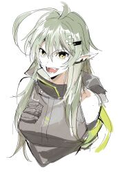  1girl :d ahoge antenna_hair aoki_(fumomo) arknights armband bare_shoulders breasts commentary_request crocodile_girl cropped_torso fangs gavial_(arknights) green_hair hair_between_eyes hair_ornament hairclip highres hood long_hair looking_at_viewer medium_breasts open_mouth pointy_ears simple_background smile solo teeth upper_body white_background yellow_eyes 