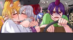  3girls amanotsugumi animal_ears blush car closed_eyes driving earrings fang fox_ears highres horns jewelry kiss motor_vehicle multiple_girls pointy_ears single_horn steering_wheel sweat tenkajin_chiyari touhou toutetsu_yuuma yakumo_ran yuri 