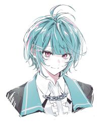  1boy ahoge antenna_hair black_jacket chain collared_shirt cropped_torso highres jacket light_blush looking_at_viewer male_focus missing_headwear open_clothes open_jacket pink_eyes second-party_source sei_(undays) shirt short_hair sidelocks simple_background smile solo split_mouth swept_bangs tso_ripp undays utaite virtual_youtuber white_background 
