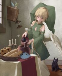  1boy 1other animal black_cat blonde_hair bread candle cat check_commentary cleavage_cutout clothing_cutout commentary_request crossdressing crossdressing_(mtf) cute_fairy_(elona) detached_sleeves doro9363 fairy fairy_wings fine_art_parody food full_body green_hair green_hat green_shirt hat highres kumiromi_of_harvest lantern large_hat loaf_of_bread long_skirt long_sleeves medium_hair milk mixed-language_commentary parody pitcher_(container) pouring pumpkin shirt skirt slime_(creature) tablecloth the_milkmaid trap white_skirt white_wings window wings 
