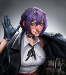  1girl backlighting black_choker black_coat black_gloves black_hair black_ribbon blush bomb c4 chainsaw_man choker coat collared_shirt commentary dynamite english_commentary explosive fingerprint gloves gradient_background green_eyes grenade grenade_pin grey_background hair_between_eyes hair_bun highres holding holding_bomb long_hair_between_eyes looking_at_viewer mas_marcos neck_ribbon necktie pull_cord purple_hair reze_(chainsaw_man) ribbon shirt short_hair sleeveless sleeveless_shirt smile solo trench_coat upper_body white_shirt 