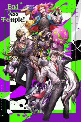  3boys absurdres aimono_jyushi amaguni_hitoya animal_ear_piercing black_jacket black_pants black_shirt blue_jacket chain chain_necklace commentary_request crossover english_text facial_hair galarian_linoone goatee_stubble gothorita hair_over_one_eye harai_kuko highres holding holding_poke_ball holding_pokemon hypnosis_mic jacket jewelry lechonk long_sleeves magikarp male_focus mtkg_05 multiple_boys neck_ruff necklace necktie on_shoulder open_mouth pants poke_ball poke_ball_(basic) pokemon pokemon_(creature) pokemon_on_shoulder pompadour red_hair red_necktie shirt spiritomb split-color_clothes squawkabilly squawkabilly_(white) stubble tongue tongue_out typhlosion umbreon varoom 